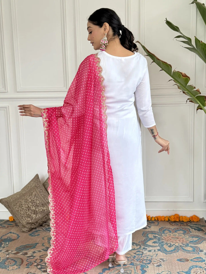 Celebrate in Style with this Embroidered White Rayon Top & Silk Dupatta