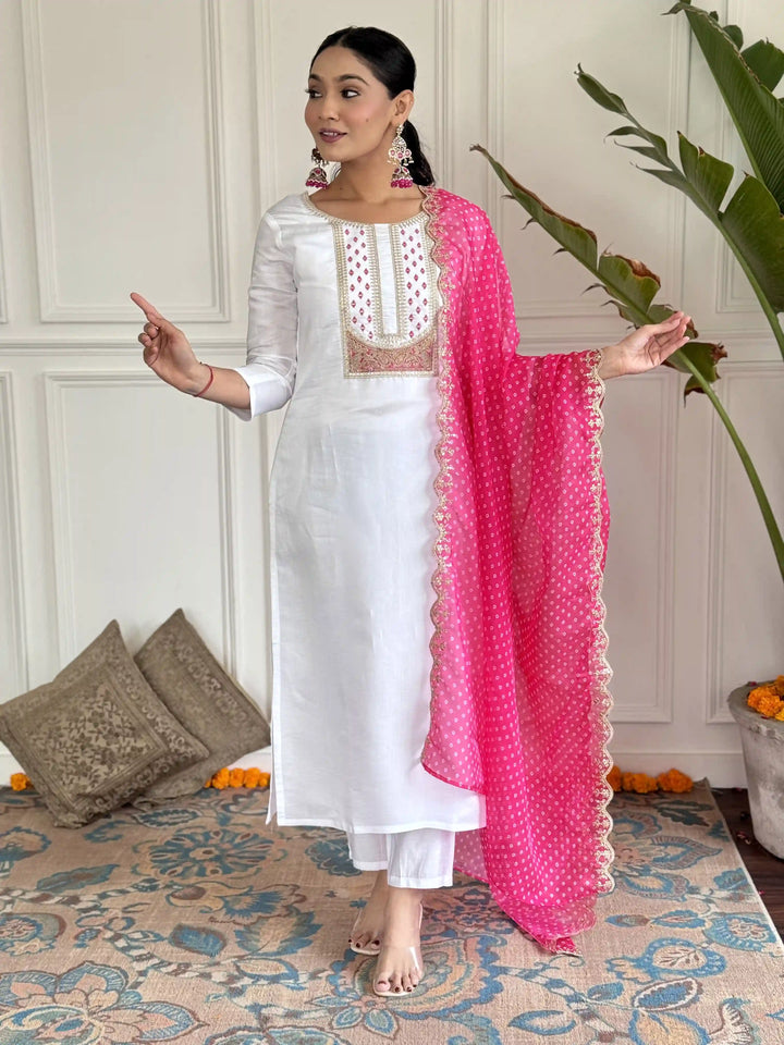 Celebrate in Style with this Embroidered White Rayon Top & Silk Dupatta