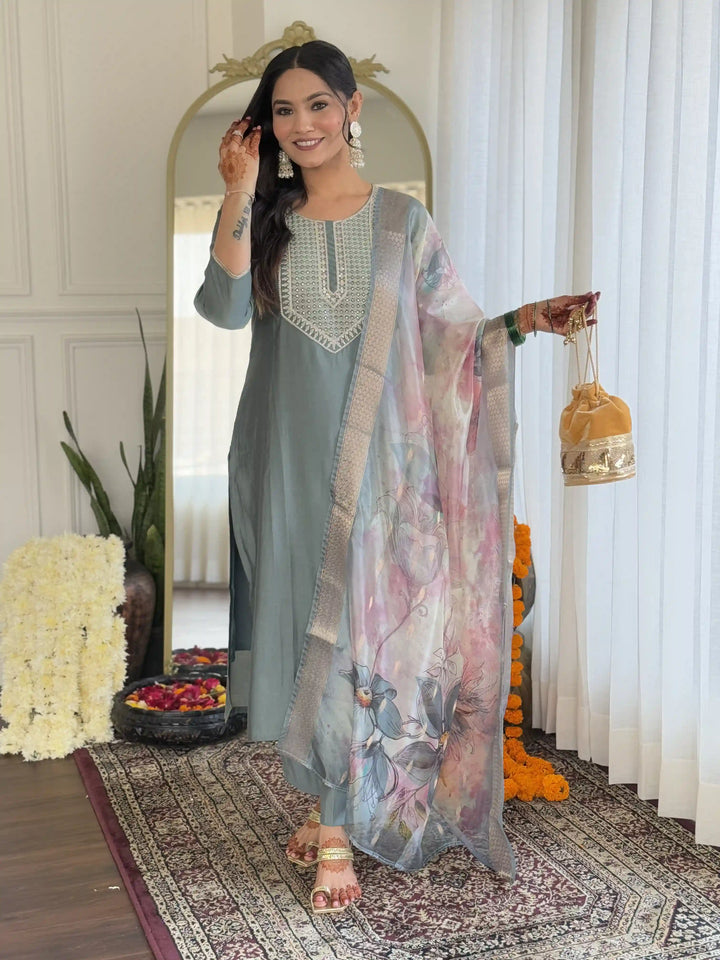Stylish Light Green BSY Viscose Set with Embroidered Organza Dupatta