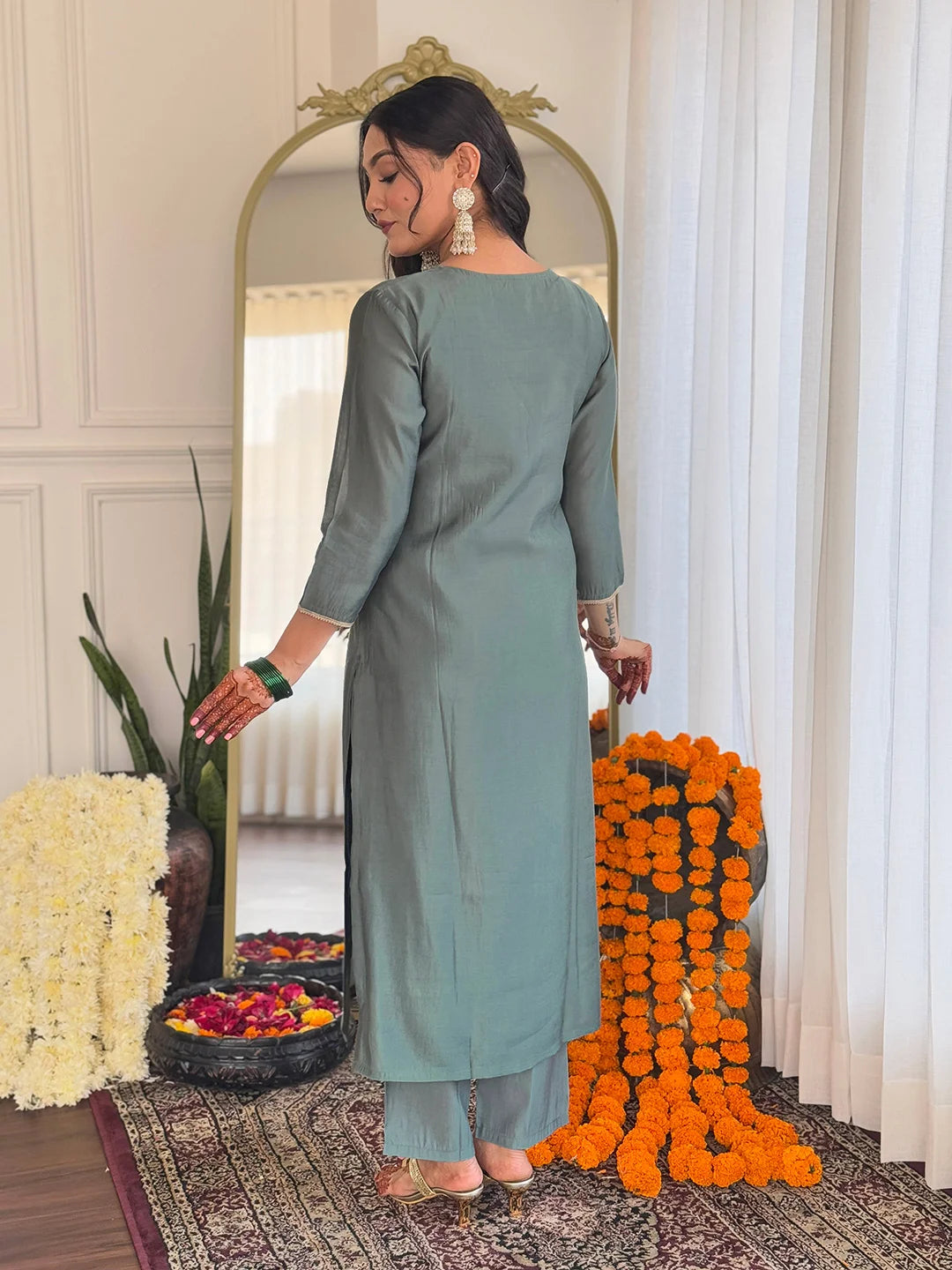 Stylish Light Green BSY Viscose Set with Embroidered Organza Dupatta