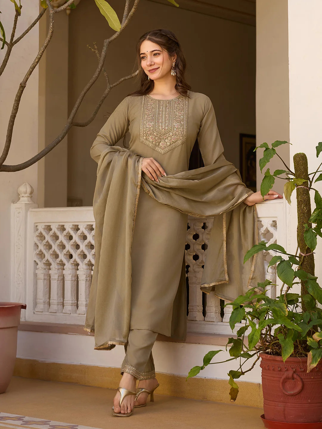 Timeless Embroidery: Rayon Top with Chinon Bottom and Dupatta
