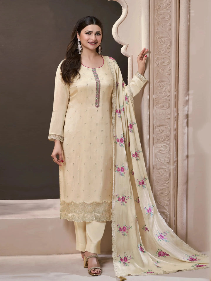 Semi-Stitched Embroidered Silk Salwar Suit with Dupatta for Women