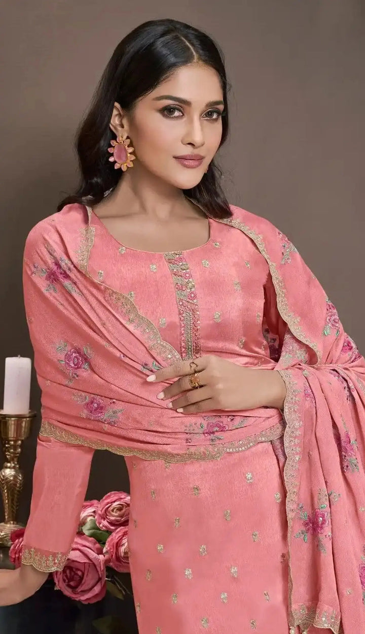 Semi-Stitched Embroidered Silk Salwar Suit with Dupatta for Women
