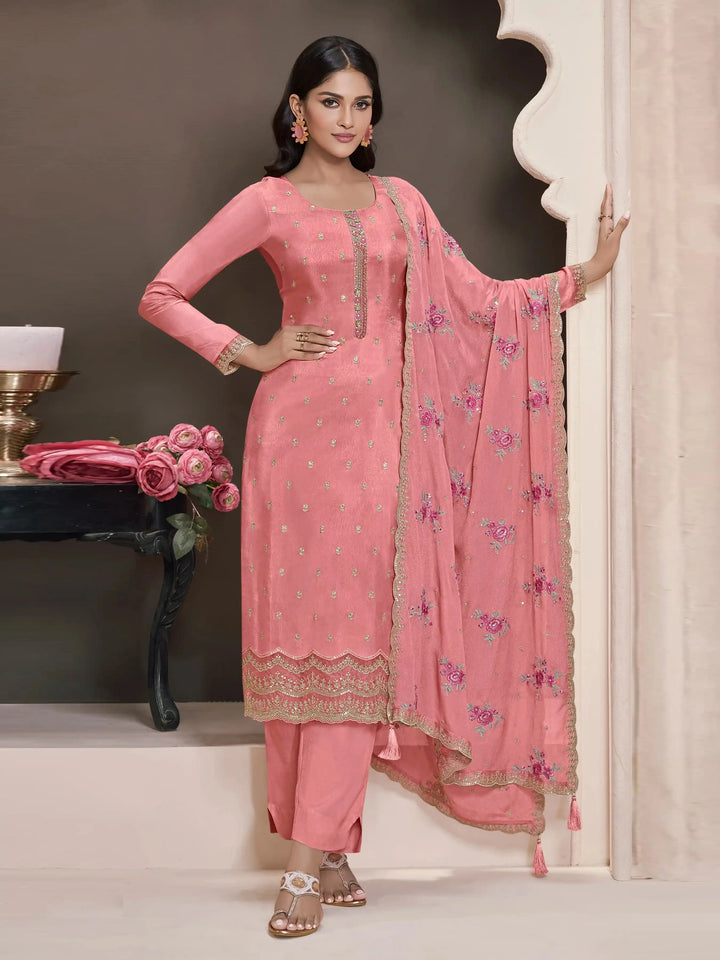 Semi-Stitched Embroidered Silk Salwar Suit with Dupatta for Women