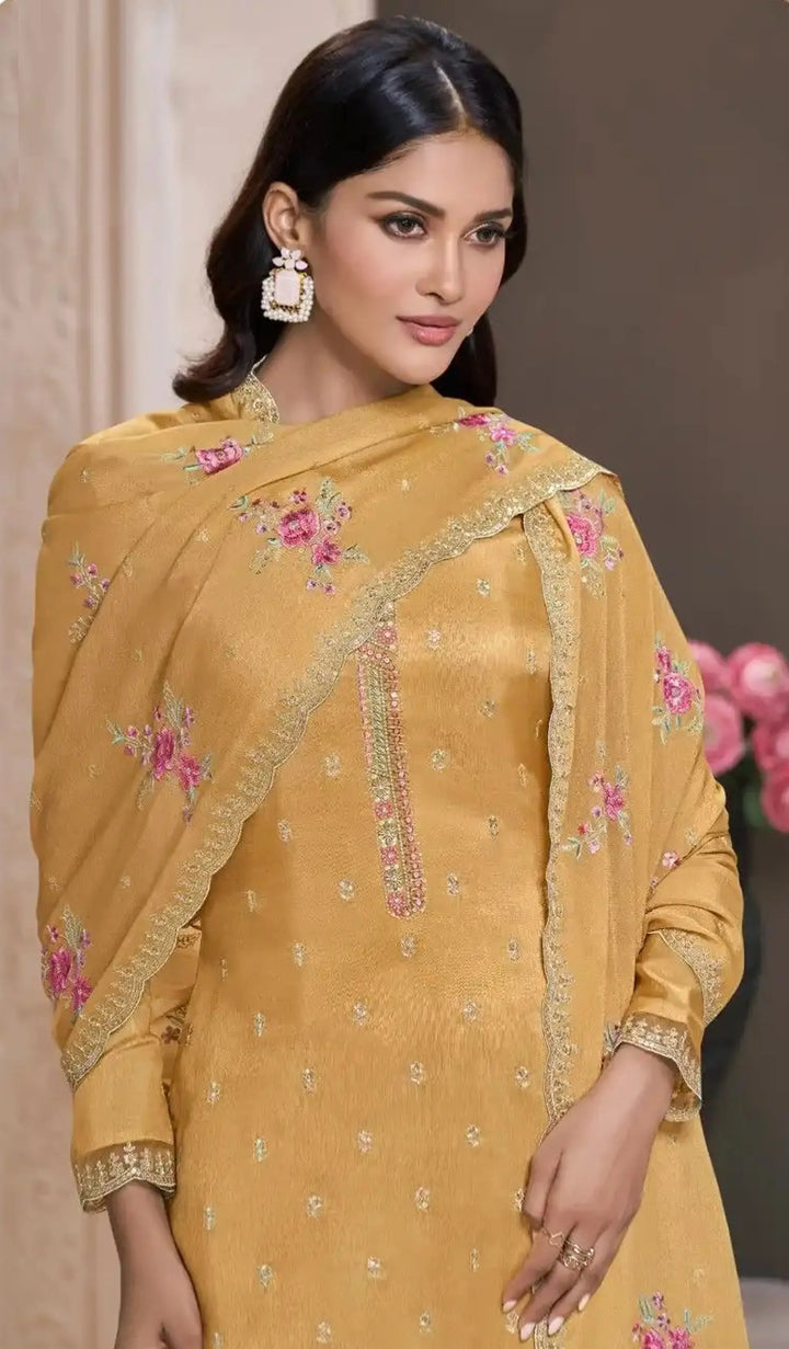 Semi-Stitched Embroidered Silk Salwar Suit with Dupatta for Women