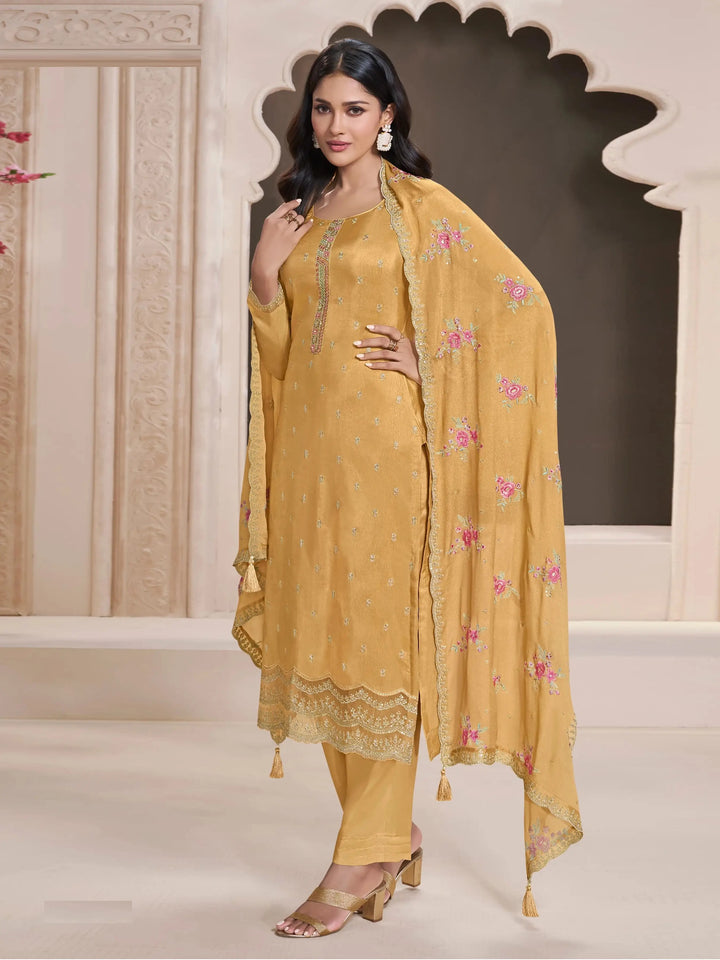 Semi-Stitched Embroidered Silk Salwar Suit with Dupatta for Women