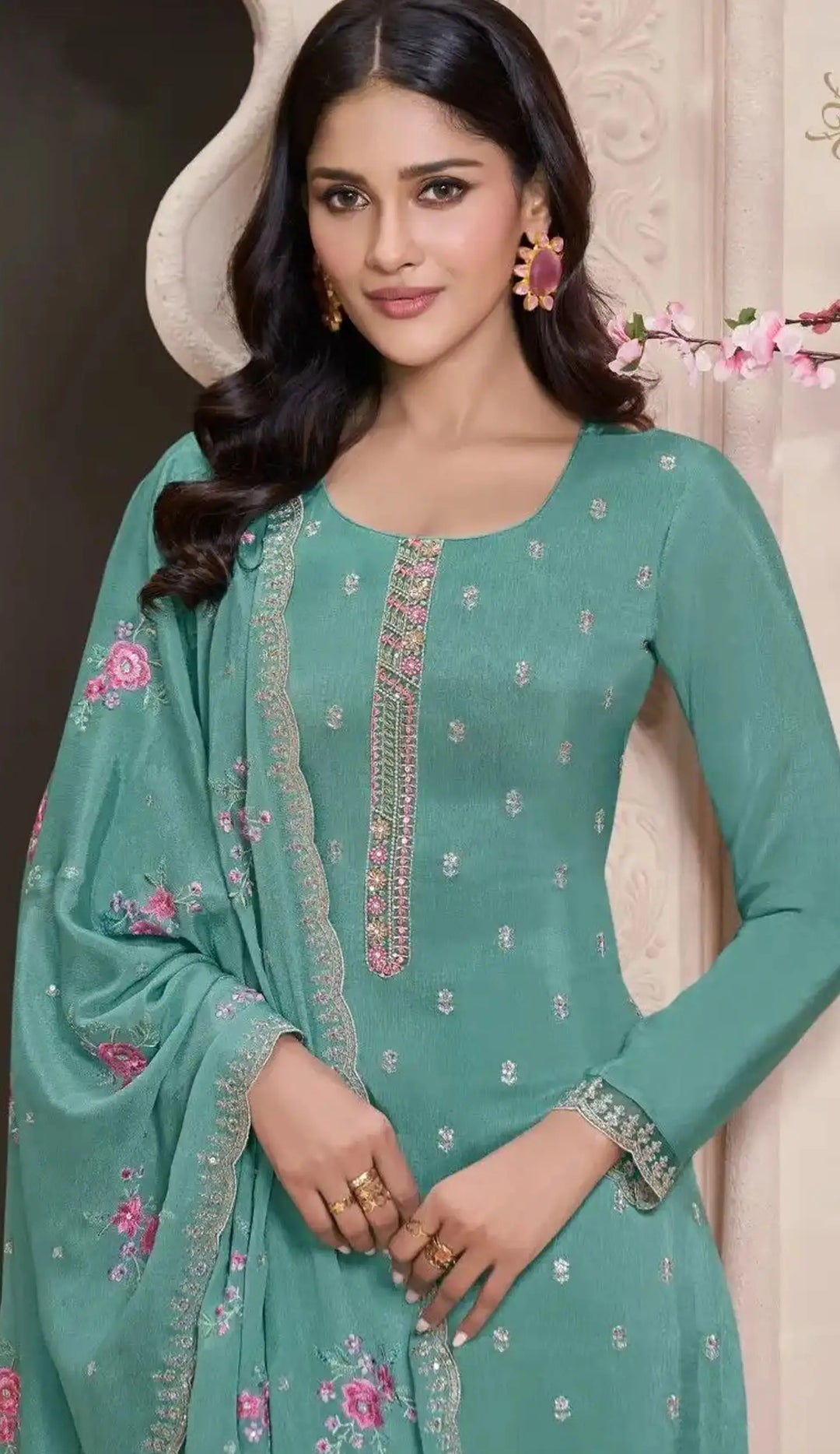 Semi-Stitched Embroidered Silk Salwar Suit with Dupatta for Women