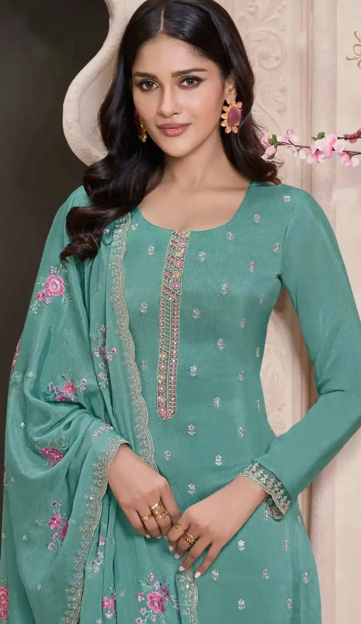 Semi-Stitched Embroidered Silk Salwar Suit with Dupatta for Women