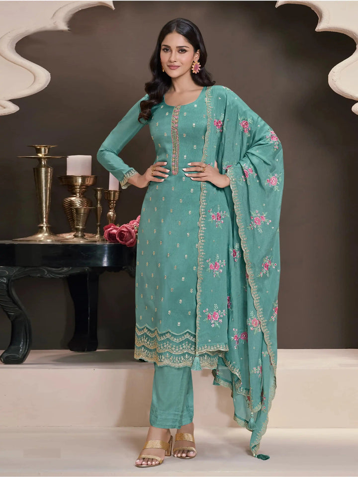 Semi-Stitched Embroidered Silk Salwar Suit with Dupatta for Women