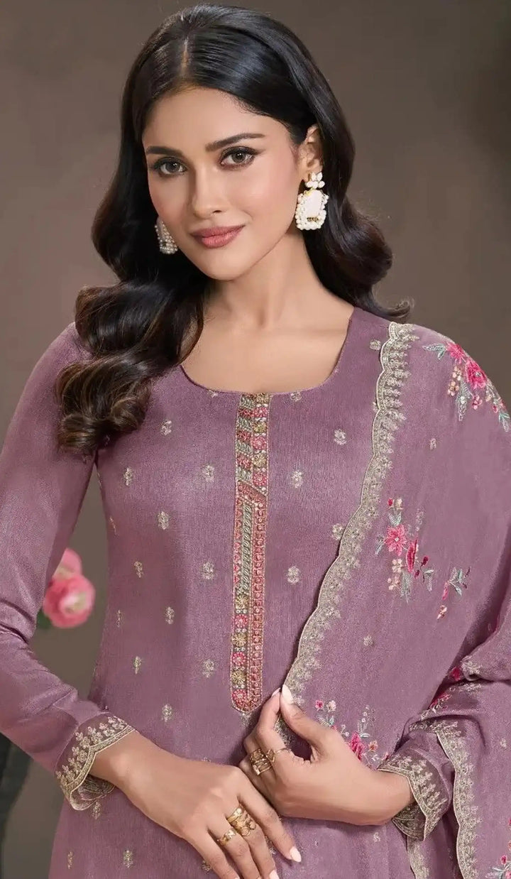 Semi-Stitched Embroidered Silk Salwar Suit with Dupatta for Women