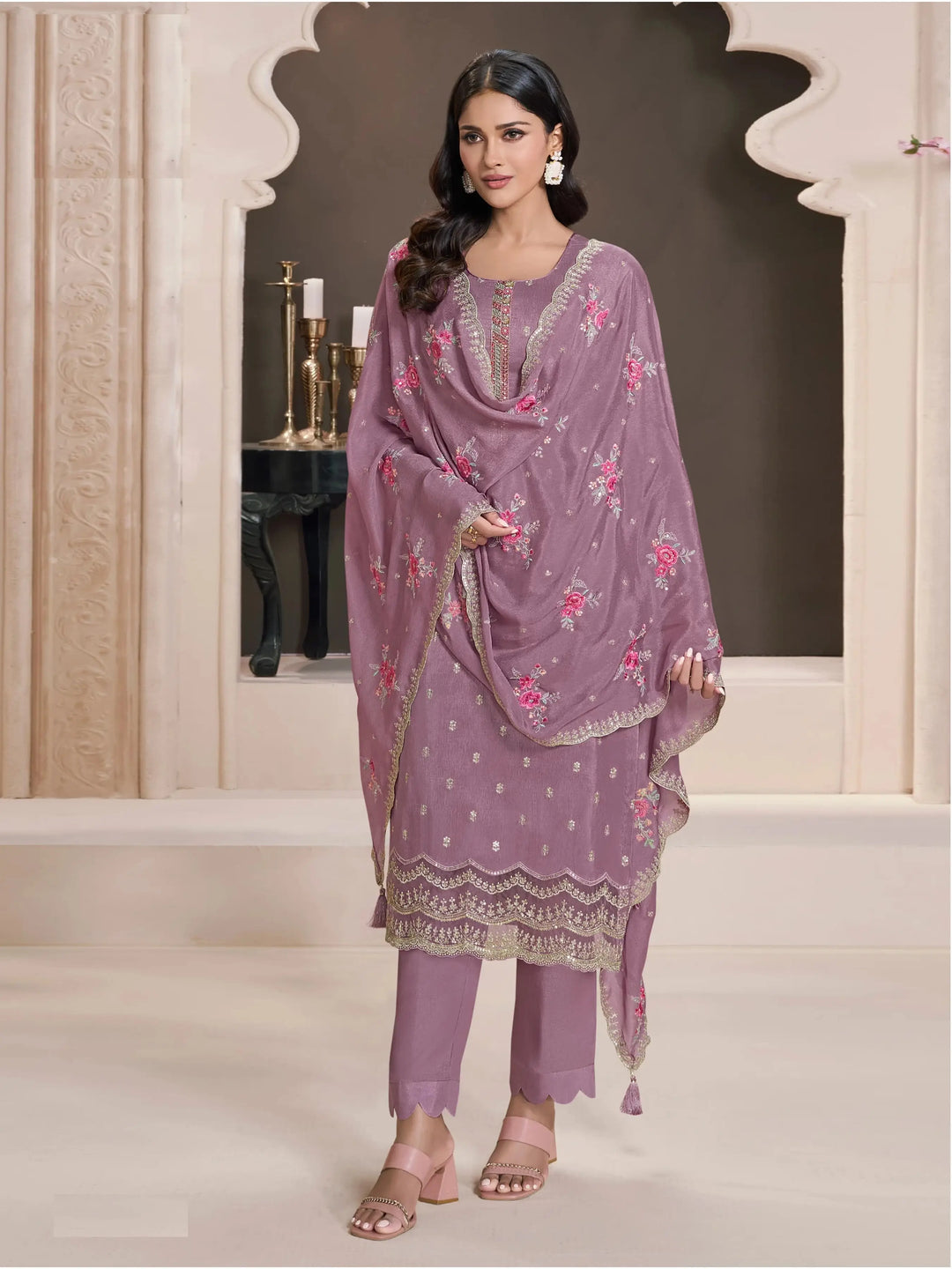Semi-Stitched Embroidered Silk Salwar Suit with Dupatta for Women