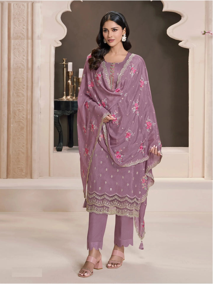 Semi-Stitched Embroidered Silk Salwar Suit with Dupatta for Women