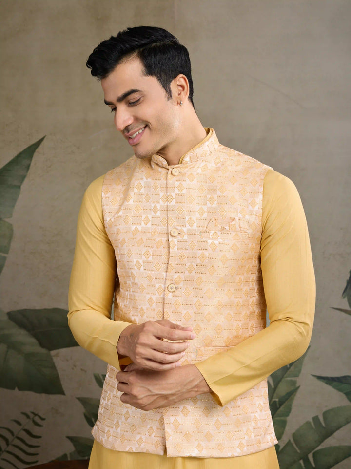 Luxurious Yellow Silk Kurta with Koti Festive Wear for Men