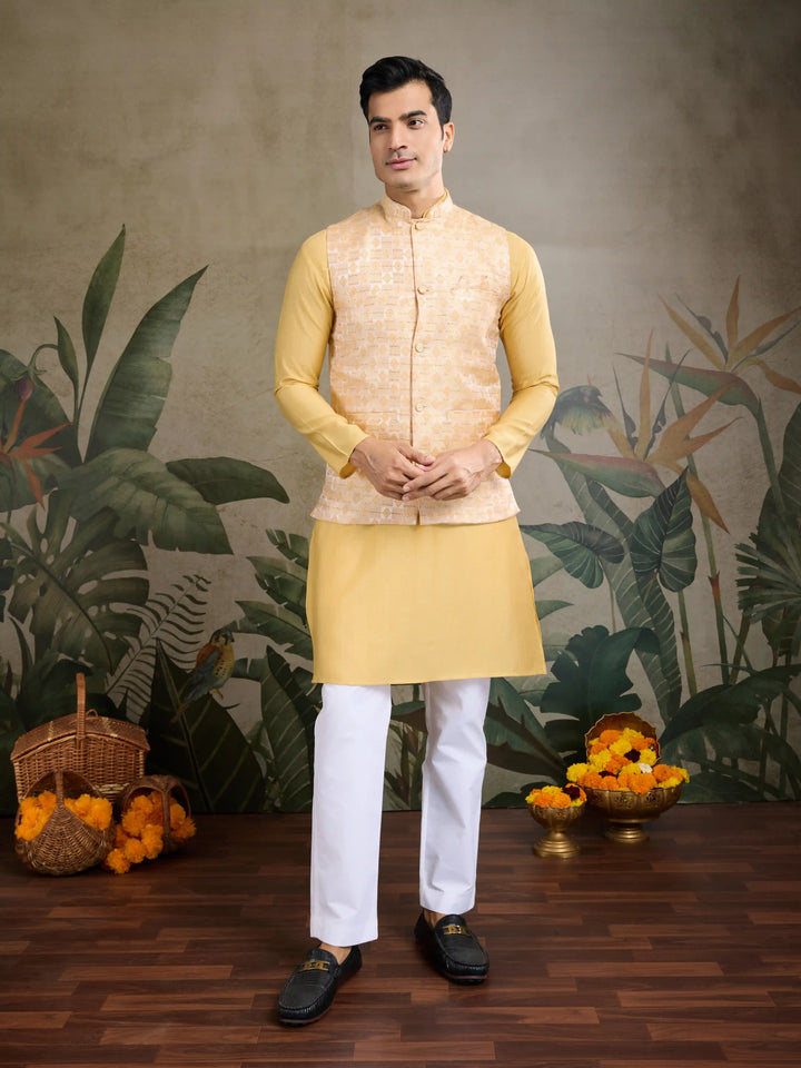 Luxurious Yellow Silk Kurta with Koti Festive Wear for Men