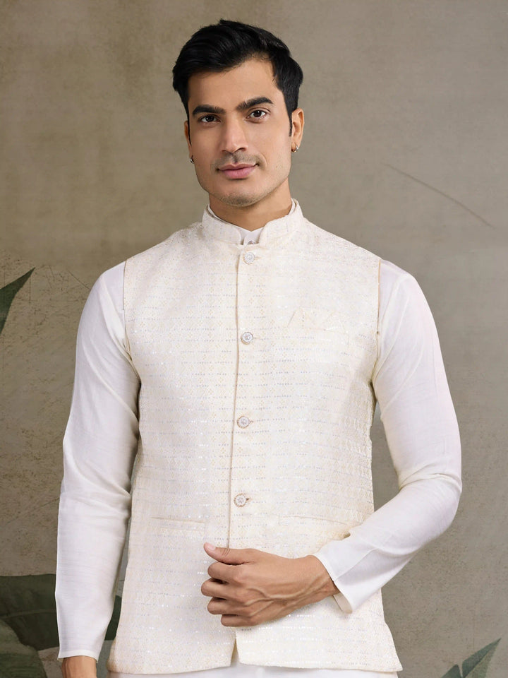 Off-White Viscose Silk Kurta & Koti Readymade Festive Set