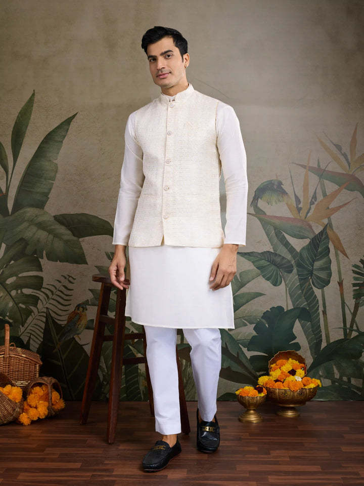 Off-White Viscose Silk Kurta & Koti Readymade Festive Set