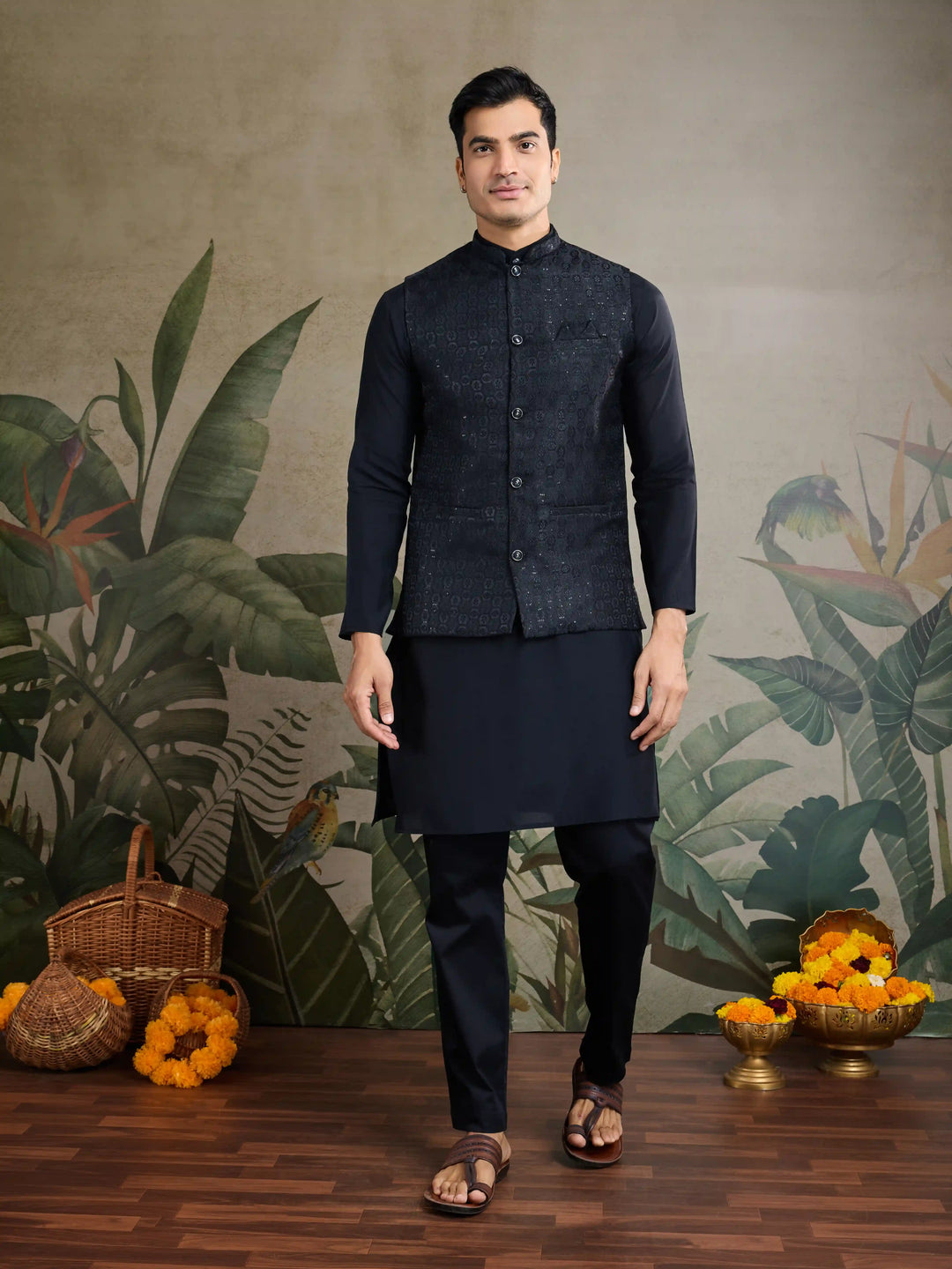 Black Viscose Silk Kurta with Koti Stylish Festive Outfit