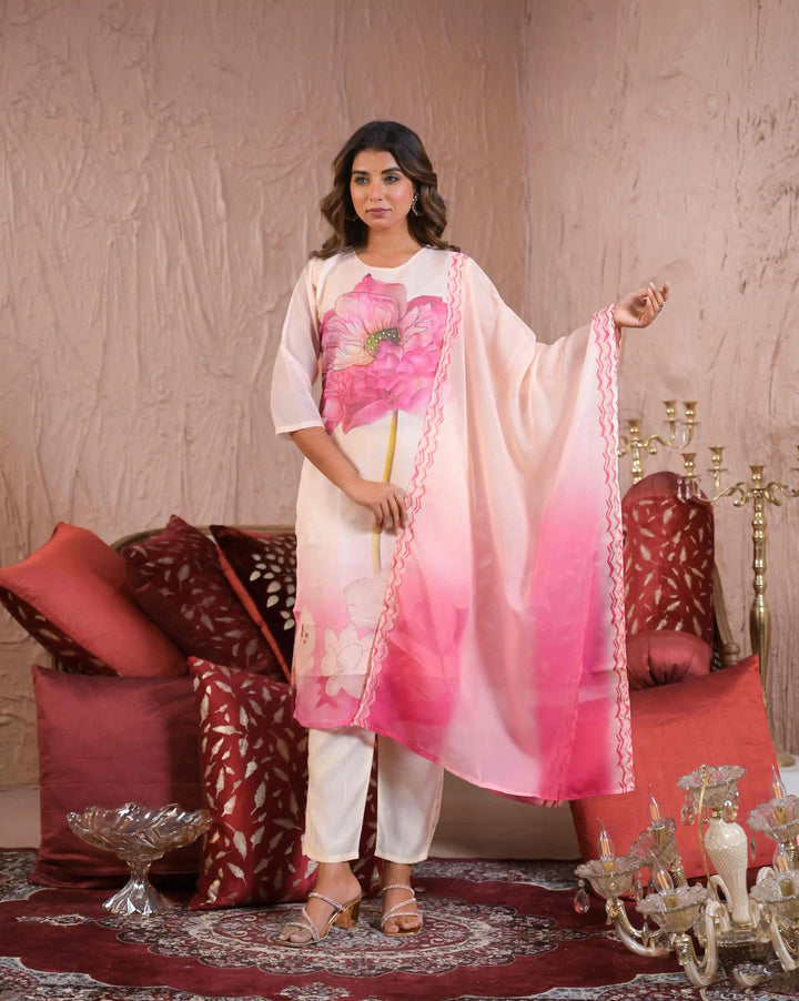 Elegant White Taby Silk Designer Salwar Kameez Set