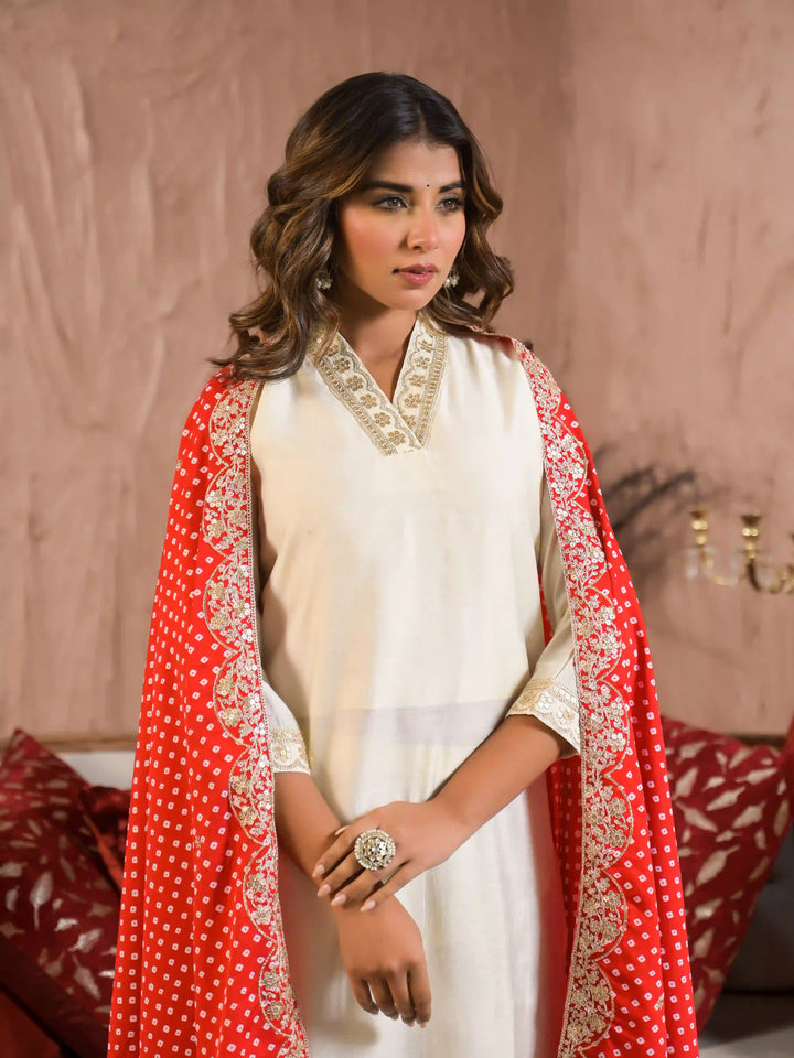 Beautiful Off-White Embroidered Reyon Slub Salwar Kameez Set