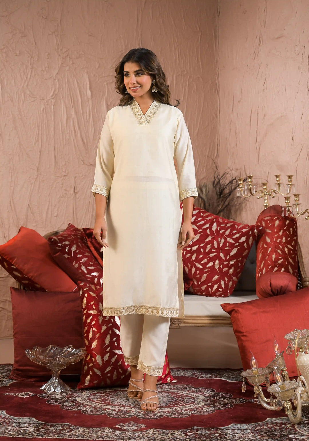 Beautiful Off-White Embroidered Reyon Slub Salwar Kameez Set