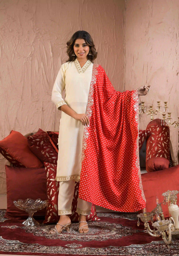 Beautiful Off-White Embroidered Reyon Slub Salwar Kameez Set