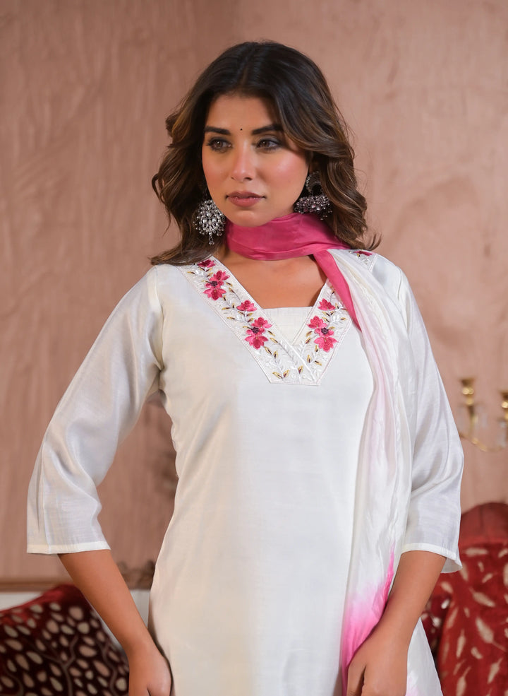 White Embroidered Viscose Chanderi Salwar Kameez Set