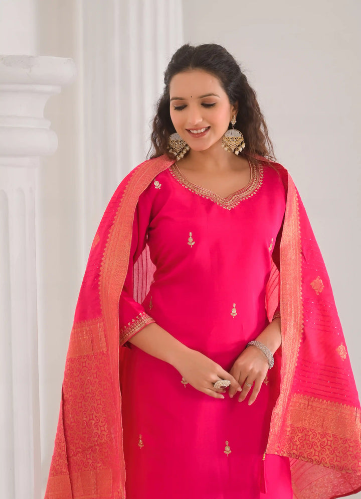 Festive Wear Embroidered Viscose Chanderi Suit Set with Jacquard Dupatta
