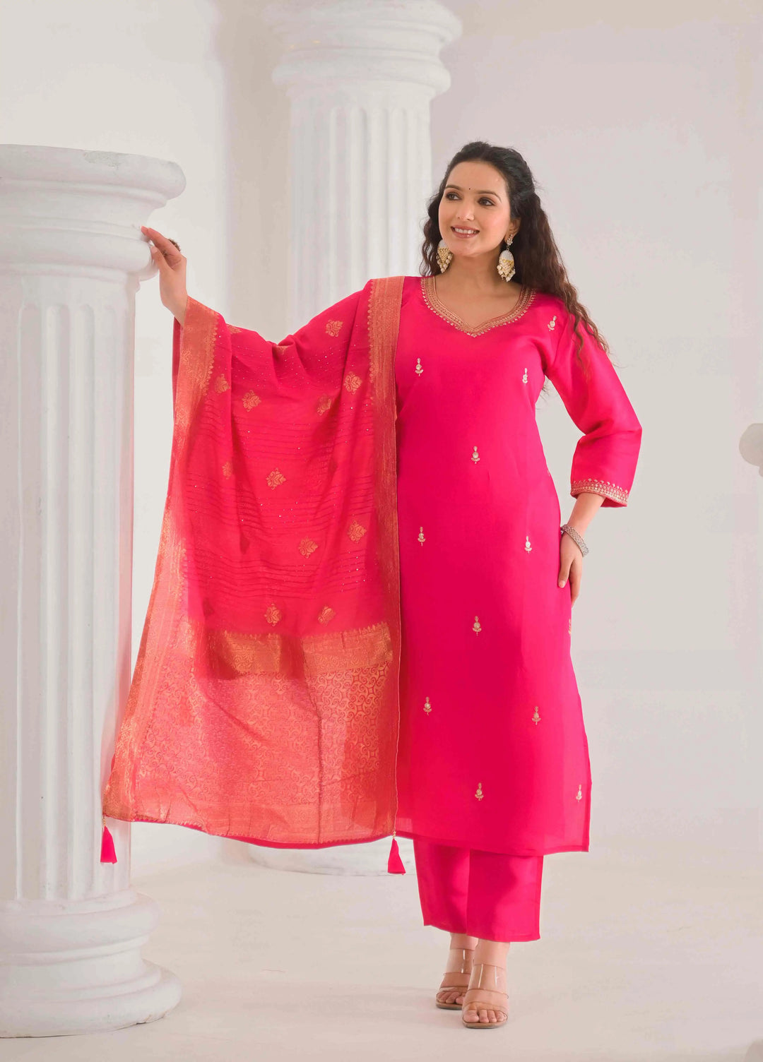 Festive Wear Embroidered Viscose Chanderi Suit Set with Jacquard Dupatta
