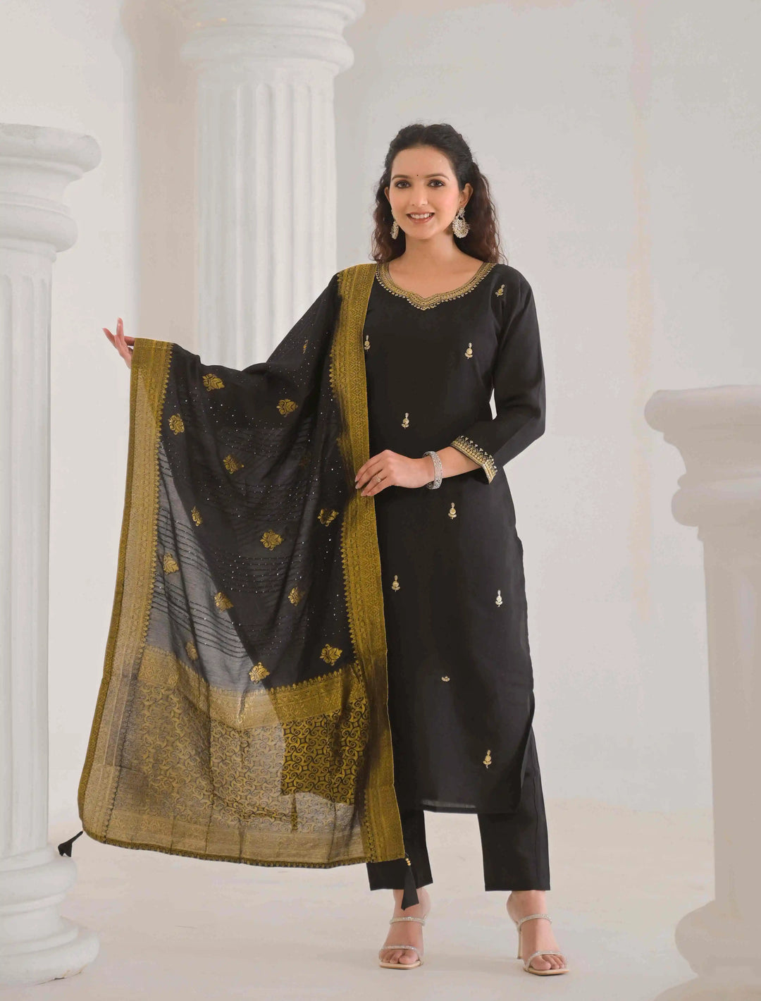 Festive Wear Embroidered Viscose Chanderi Suit Set with Jacquard Dupatta