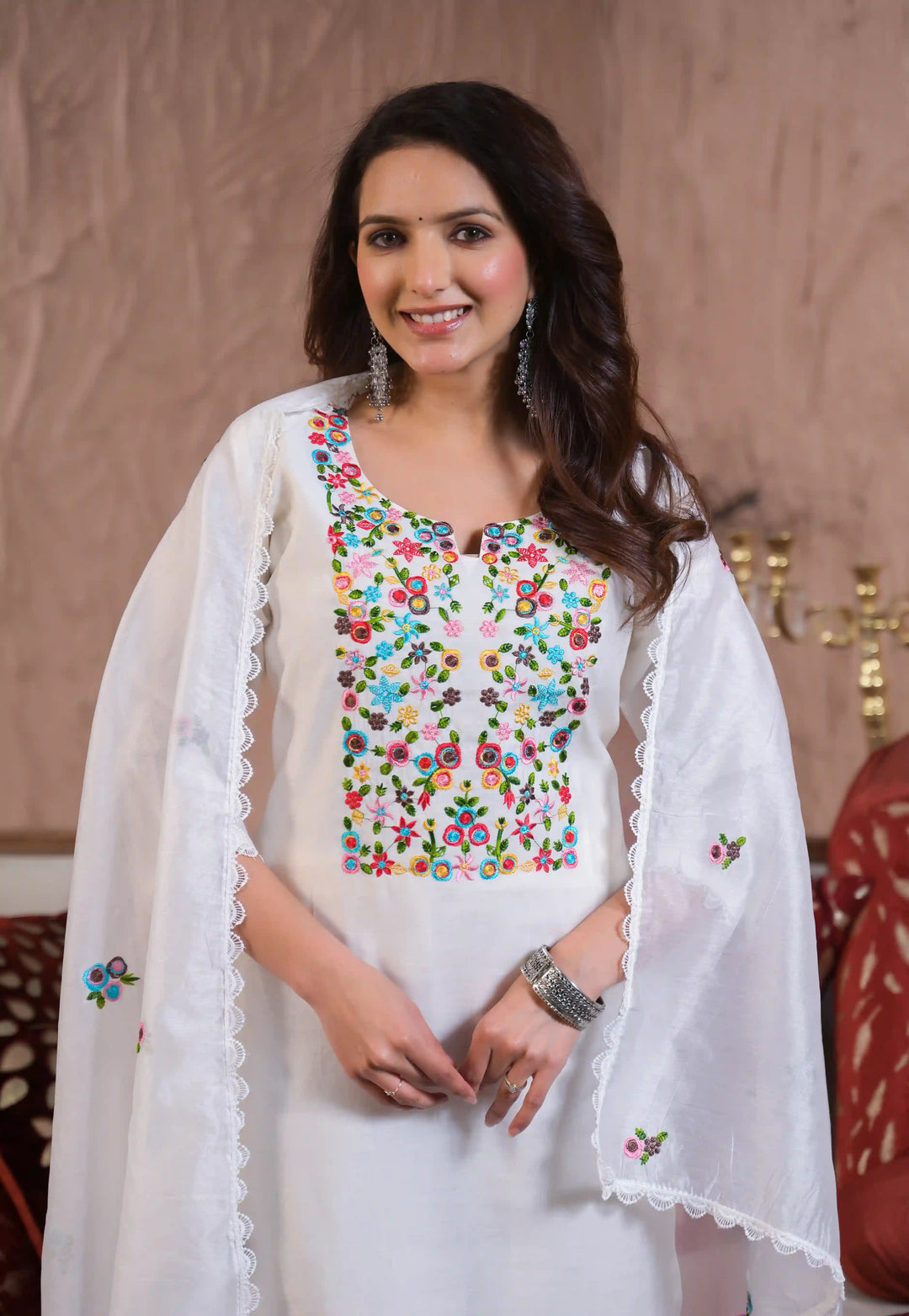 White Embroidered Chanderi Suit Set with Crepe Silk Dupatta