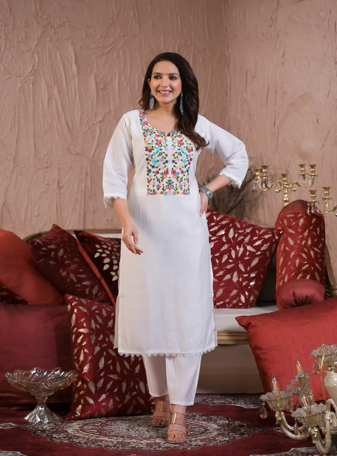 White Embroidered Chanderi Suit Set with Crepe Silk Dupatta
