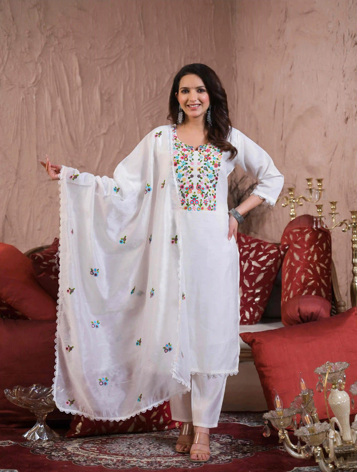 White Embroidered Chanderi Suit Set with Crepe Silk Dupatta