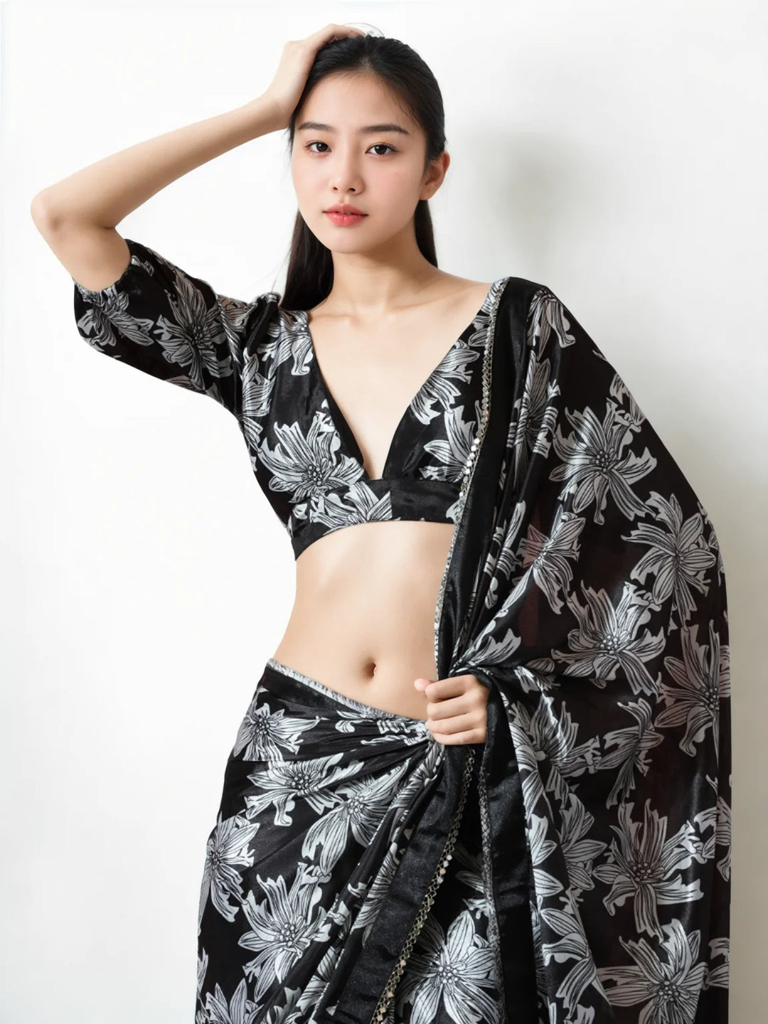 Black Chinon Saree with Digital Print – Festive Ready Look