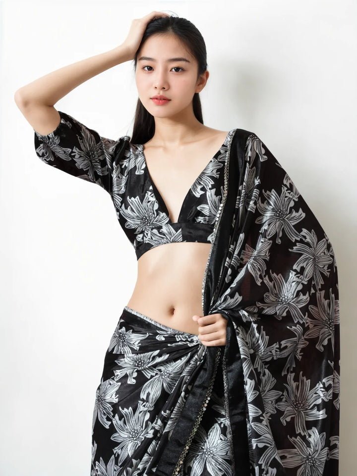 Black Chinon Saree with Digital Print – Festive Ready Look