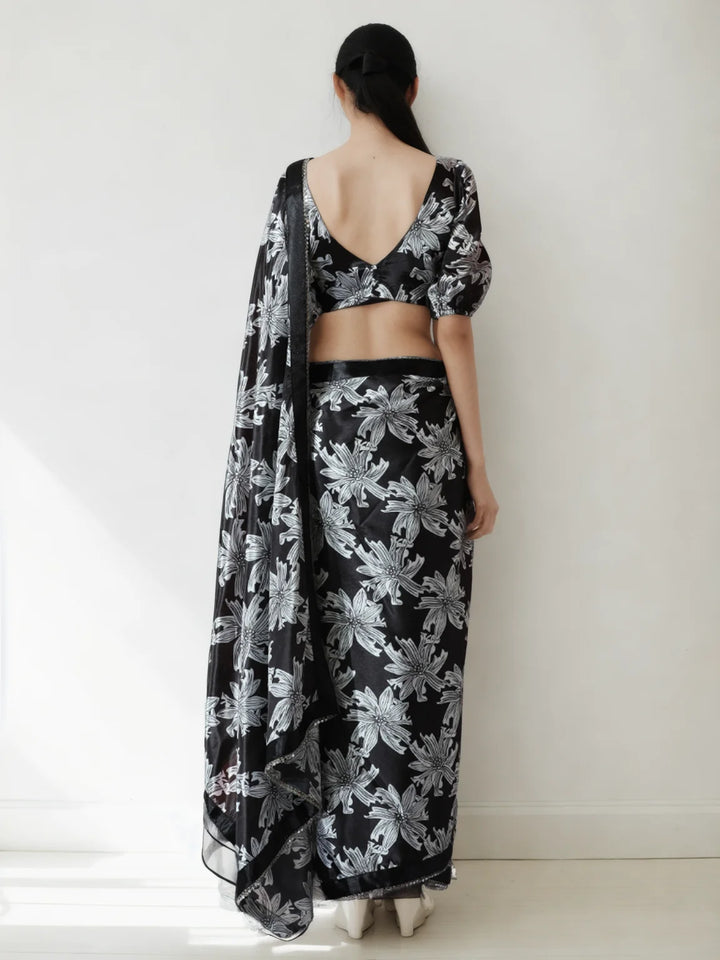 Black Chinon Saree with Digital Print – Festive Ready Look