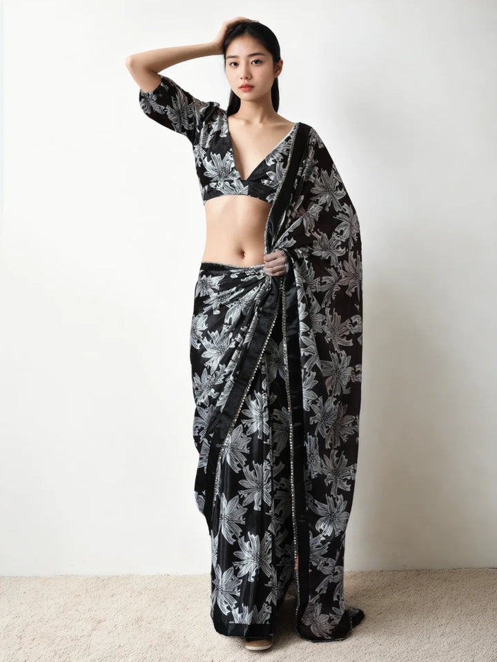 Black Chinon Saree with Digital Print – Festive Ready Look