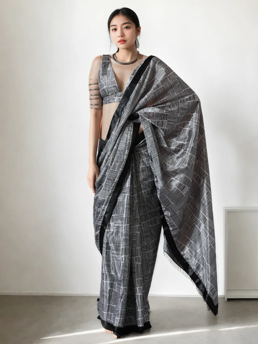 Stylish Black Chinon Saree  with Chic Digital Prints