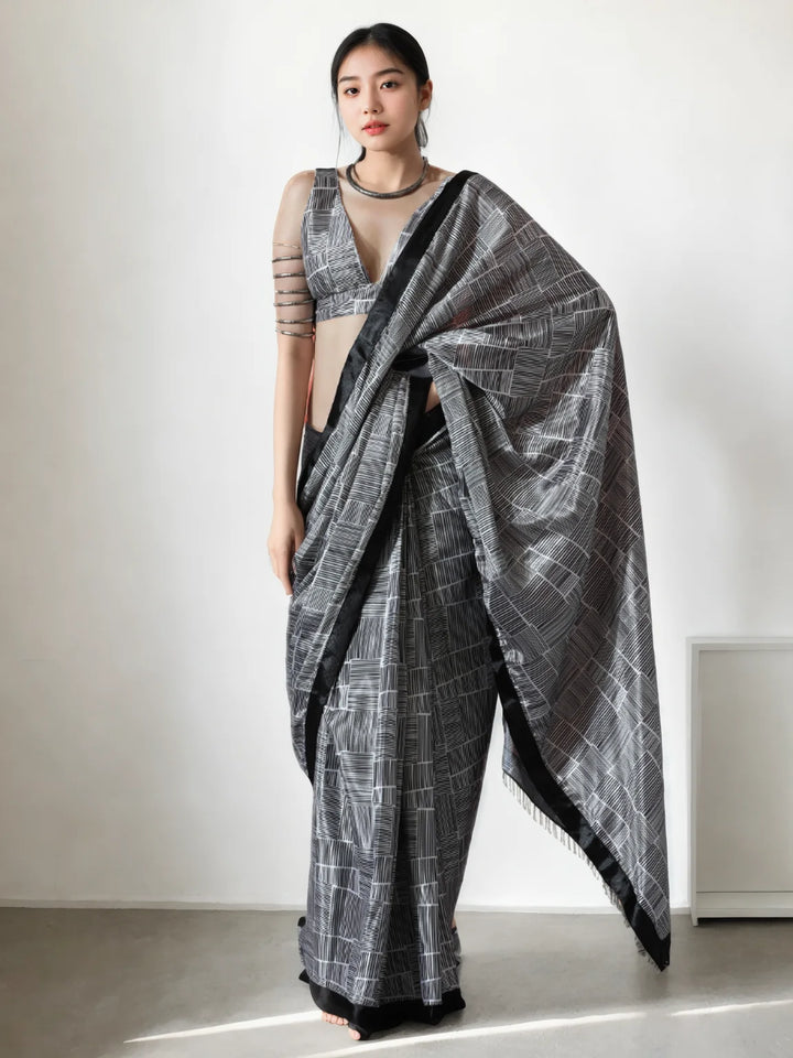 Stylish Black Chinon Saree  with Chic Digital Prints