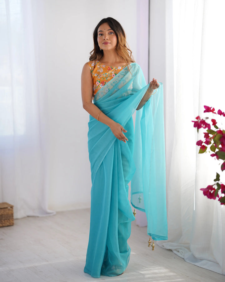 Sky Blue Burberry Art Silk Fancy Saree with Designer Blouse