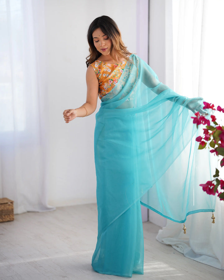 Sky Blue Burberry Art Silk Fancy Saree with Designer Blouse