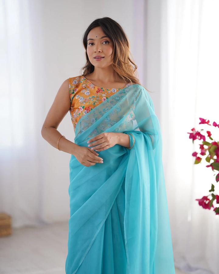 Sky Blue Burberry Art Silk Fancy Saree with Designer Blouse