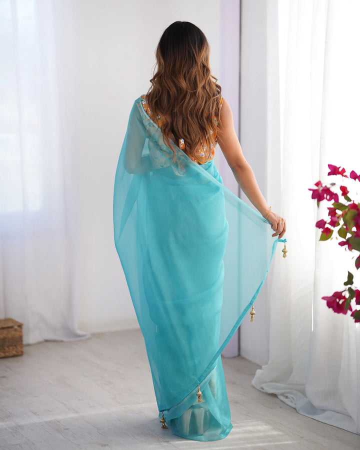 Sky Blue Burberry Art Silk Fancy Saree with Designer Blouse