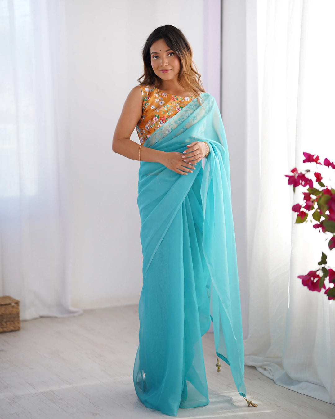 Sky Blue Burberry Art Silk Fancy Saree with Designer Blouse