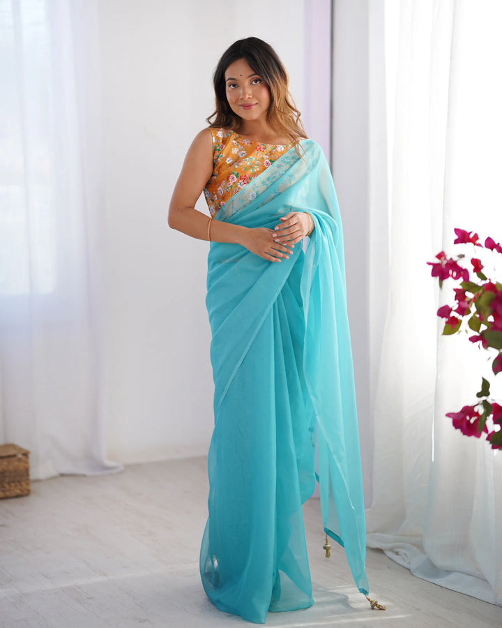 Sky Blue Burberry Art Silk Fancy Saree with Designer Blouse