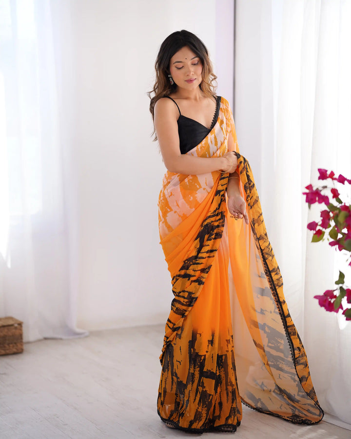 Orange Georgette Saree with Art Silk Designer Printed Blouse