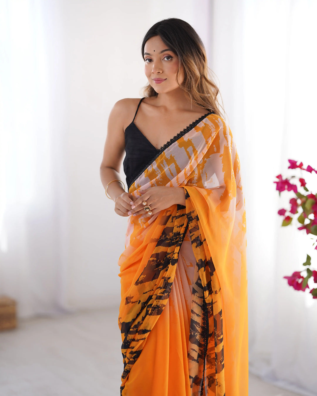 Orange Georgette Saree with Art Silk Designer Printed Blouse