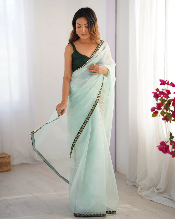 Sea Green Twill Net Saree with Embroidery Lace & Art Silk Blouse