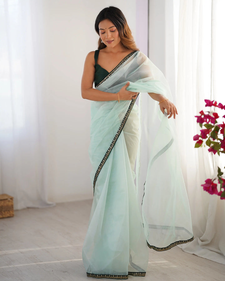 Sea Green Twill Net Saree with Embroidery Lace & Art Silk Blouse