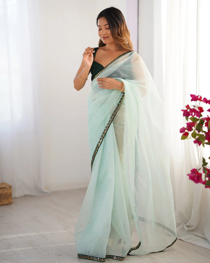 Sea Green Twill Net Saree with Embroidery Lace & Art Silk Blouse