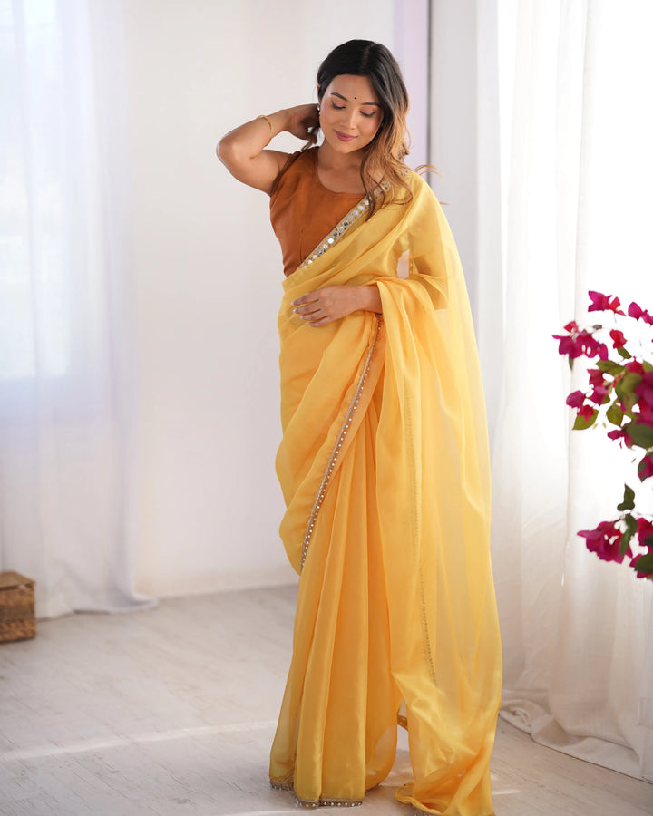 Designer Mustard Organza Saree for Party & Festive Wear